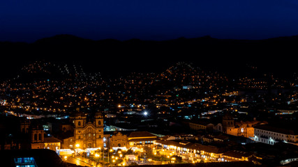Landscape capture of Cusco City at night. Peru