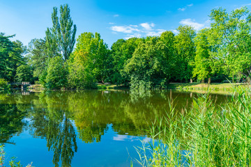 Fototapeta premium A small lake in Ujazdow Park, public park in Warsaw, Poland
