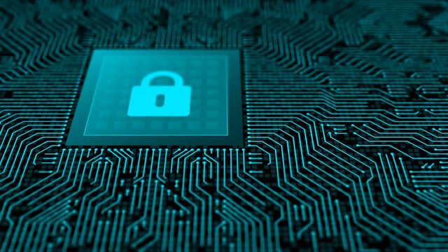 Futuristic animation of padlock symbol emerging on microprocessor on electronic circuit board. Abstract global security and technology concept.