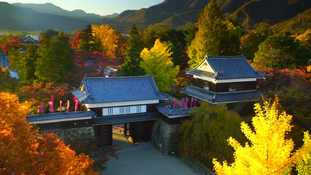 Aerial view of&nbsp;Ueda&nbsp;Castle in autumn at sunrise,  Ueda,  Japan