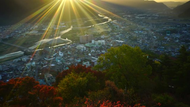 Chikuma city at sunrise seen from Arato Castle,  Japan