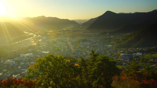 Chikuma&nbsp;city at sunrise seen from&nbsp;Arato&nbsp;Castle,  Japan
