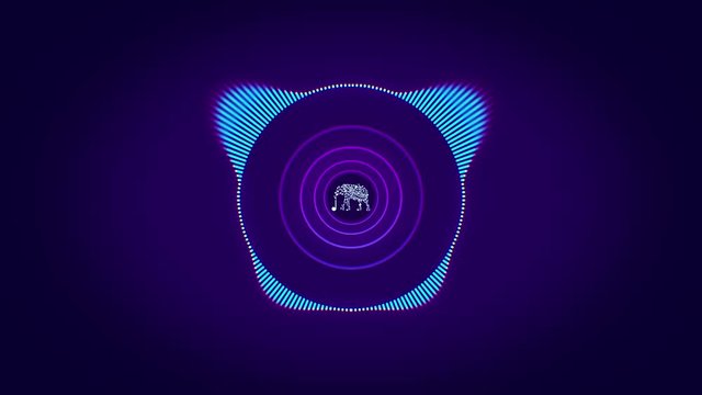 Abstract animation of colorful sound wave circle equalizer with animated neon silhouette of elephant in the center. Animation. Audio spectrum simulation for music, computer calculating and animation.
