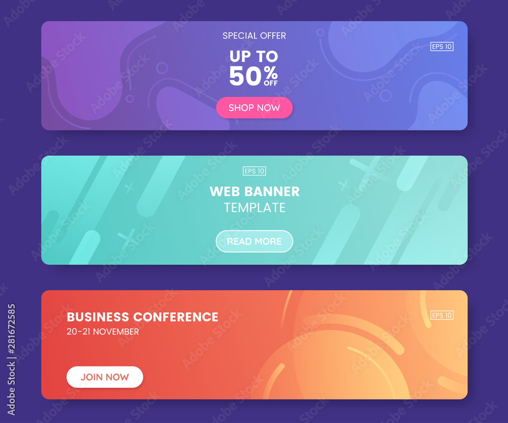 Poster Colorful web banner with push button. Collection of horizontal promotion banners with gradient colors and abstract geometric backdrop.Header design. Vibrant coupon template. Vector eps 10