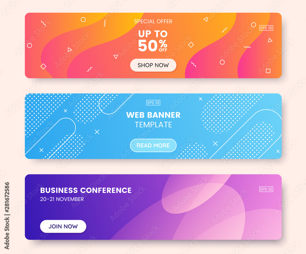 Fototapete Colorful web banner concept with push button. Collection of horizontal promotion banners with gradient colors and abstract dynamic shapes. Header design for website. Vibrant background.