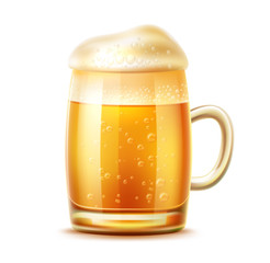 Realistic beer glasses with thick froth. Lager, ale and dark beer in mug with water bubbles and drops. Fresh alcohol drink for brewery, restaurant or pub menu design. Craft beer for oktoberfest design