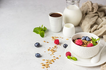 White ceramic bowl of homemade granola with milk, fresh berries (blueberry and raspberry) and milk. Healthy breakfast ingredients. 