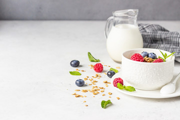 White ceramic bowl of homemade granola with milk, fresh berries (blueberry and raspberry) and milk. Healthy breakfast ingredients. 