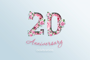 Creative background, the inscription 20 number and anniversary celebration textis flowers, on a light background. Anniversary concept, birthday, celebration event, template, flyer