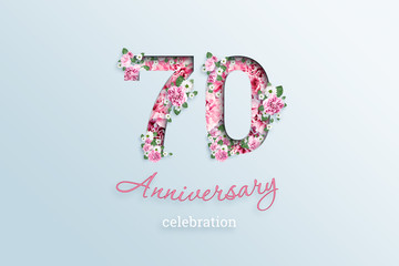Creative background, the inscription 70 number and anniversary celebration textis flowers, on a light background. Anniversary concept, birthday, celebration event, template, flyer