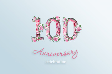Creative background, the inscription 100 number and anniversary celebration textis flowers, on a light background. Anniversary concept, birthday, celebration event, template, flyer