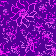 Fototapeta na wymiar Floral seamless pattern with hand drawn roses. Pink flowers on violet background.