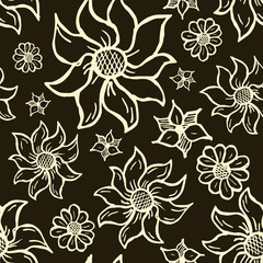 Floral seamless pattern with hand drawn roses. White flowers on black background.