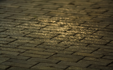 Obraz premium Background or texture from a broken and equal tile with patches of light and drops. Stone blocks on the sidewalk.