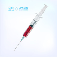 Realistic medical syringe. icon and symbol of medicine.Medical illustration on blue background.