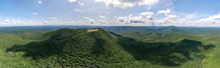 Drone aerial view large panorama - top of Sober-Bash mountain - dominant height in the north of the western Caucasus