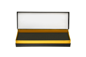 A small open black paper box with a yellow stripe for a gift. Gift wrapping isolate on white background.