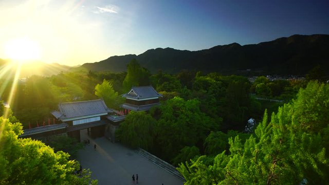 Aerial view of&nbsp;Ueda&nbsp;Castle and Mount Taro at sunset,  Ueda,  Japan