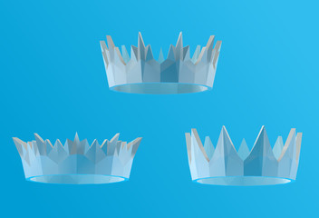 Plaster Crown. Set of White Crowns on Blue Background. Low Poly Vector 3D Rendering