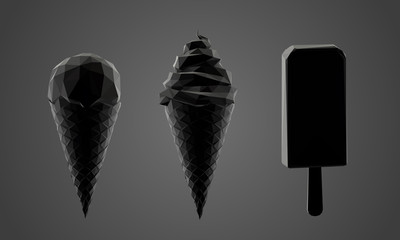 Ice Cream Collection in Black and White. Dark Set of Gelato. Low Poly Vector Greyscale Silhouette 3D Rendering