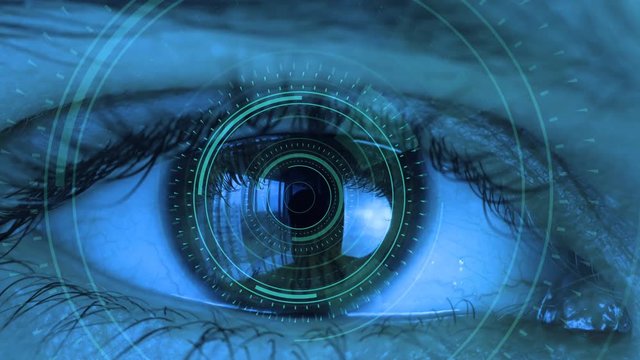 Close up to human eye with futuristic vision system . Control and protection of persons, control and security in the accesses technology. Concept of vision and control and protection.