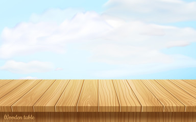 vector wood table top on nature background.blue sky with white clouds.realistic wooden table, 3d. Element for your design, advertising.vector