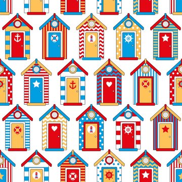 seamless pattern beach huts, children's wallpaper, print on clothes in a marine style