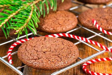 Homemade chocolate  cookies on a grid , gifts and twigs of Christmas tree
