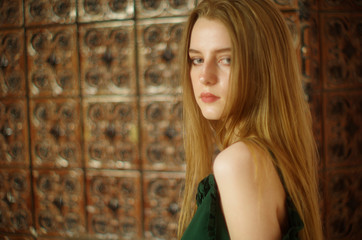 Fototapeta premium beautiful young blonde with long flowing hair and blue eyes in an old castle