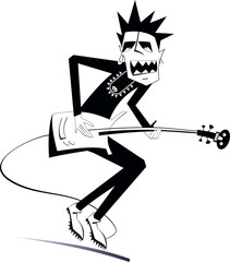 Cartoon expressive guitarist illustration. Guitarist is playing music and singing with the great inspiration black on white