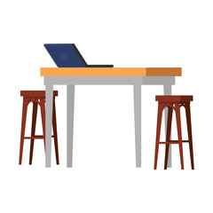 wooden benchs with table and laptop