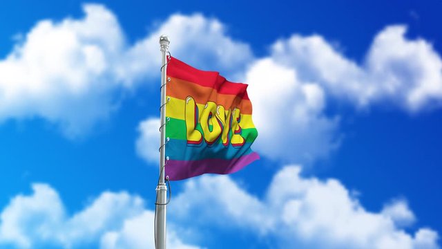 Rainbow flag with word love. Romantic symbol of lgbt pride. Loop 3d animation