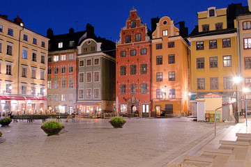 Square with old buildings in the Old city of Stockholm at night, in Gamla Stan