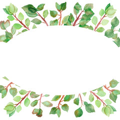 Watercolor hand painted nature oval frame with green leaves and branches for invitations and greeting cards with the space for text