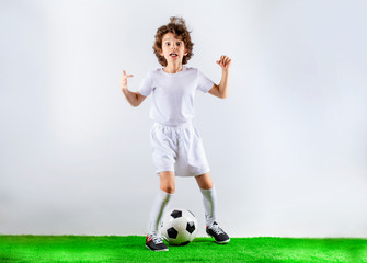 Boy with soccer ball on the green grass.Excited little toddler boy playing football on soccer field against light background. Active childhood and sports passion concept. Save space