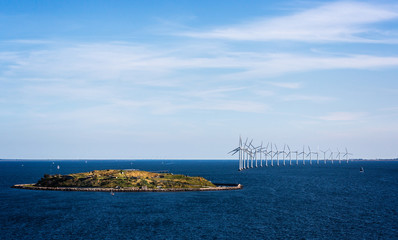 Offshore wind farm in the Baltic Sea off the coast of Copenhagen, Denmark on 18 July 2019