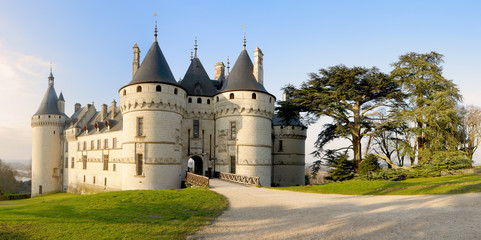 Fototapeta na wymiar Chaumont Castle france - Panoramic wide view to the entrance and the garden with trees and grass at sunrise