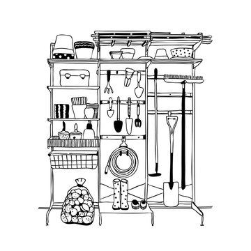 Outline drawing garden tools on a shelving in a barn, shovels, rakes, pots, plants, harvest, watering hose, baskets and boxes , sketch by hand with contour lines. Vector illustration