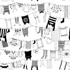 seamless pattern clothes on washing line on white background, hand sketch
