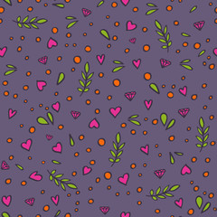Floral pattern with hearts, leafs, diamonds and dots. Vector texture for textile, wrapping, fabric, wallpapers and other surfaces.