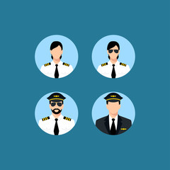 Pilot icons vector isolated on blue background for your web and mobile app design. Male and female pilot. gender equality, professions. Airplane people
