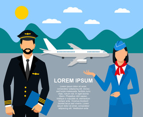 Illustration of stewardess dressed in blue uniform. Flight attendants and a pilot on the background of the plane. vector illustration © alla72