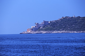 Breathtaking view of the village in the Boko Kotor Bay of the Rocky Mountains and the Adriatic Sea of Montenegro, soft focus