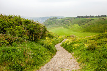 Green fields and hills in Etretat, France