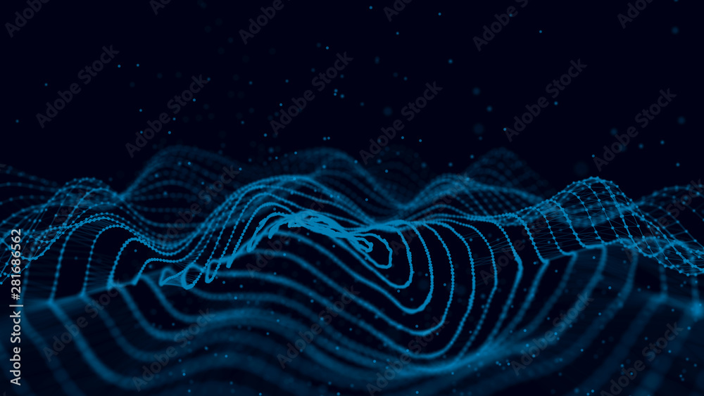 Poster Abstract background with spider web. Dynamic wave of particles. Big data. 3d rendering.
