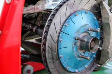 Fototapeta premium A detail of the sports car brakes. It is a historic rallye car from the past. 