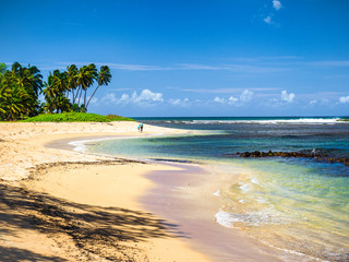 Woman and child walking on tropical beach