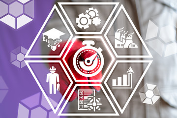 Productivity and efficiency industry concept. Industrial engineer or worker  in red glove touches timer button on virtual touchscreen. Stopwatch.