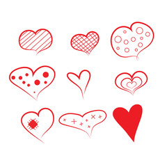 Collection of cute hand drawn red hearts