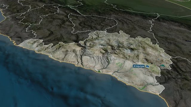 Arequipa - region of Peru with its capital zoomed on the satellite map of the globe. Animation 3D